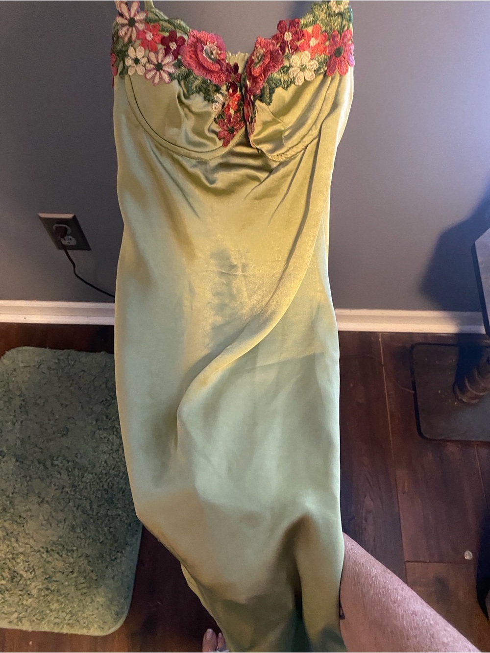 Princess Polly Olive size 2 Green Satin Slip Dress with Floral Embroidered Bust